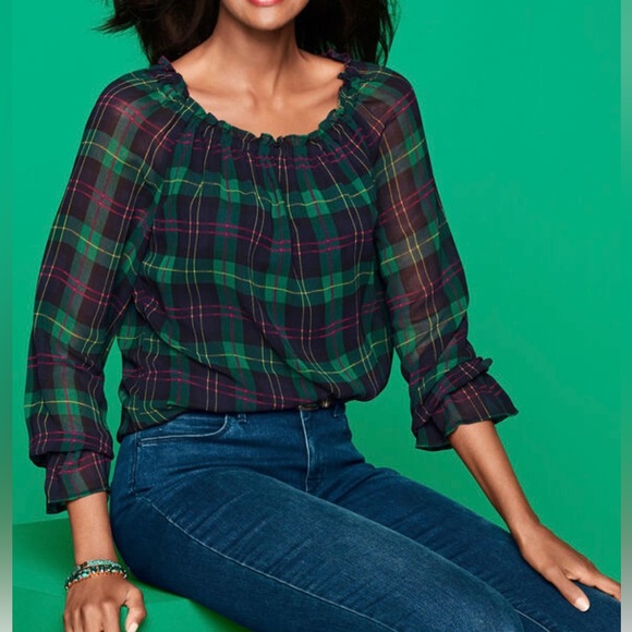TALBOTS Petite Plaid Popover Blouse Top Shirt Tartan Flowy Green Black Pink - Picture 3 of 14